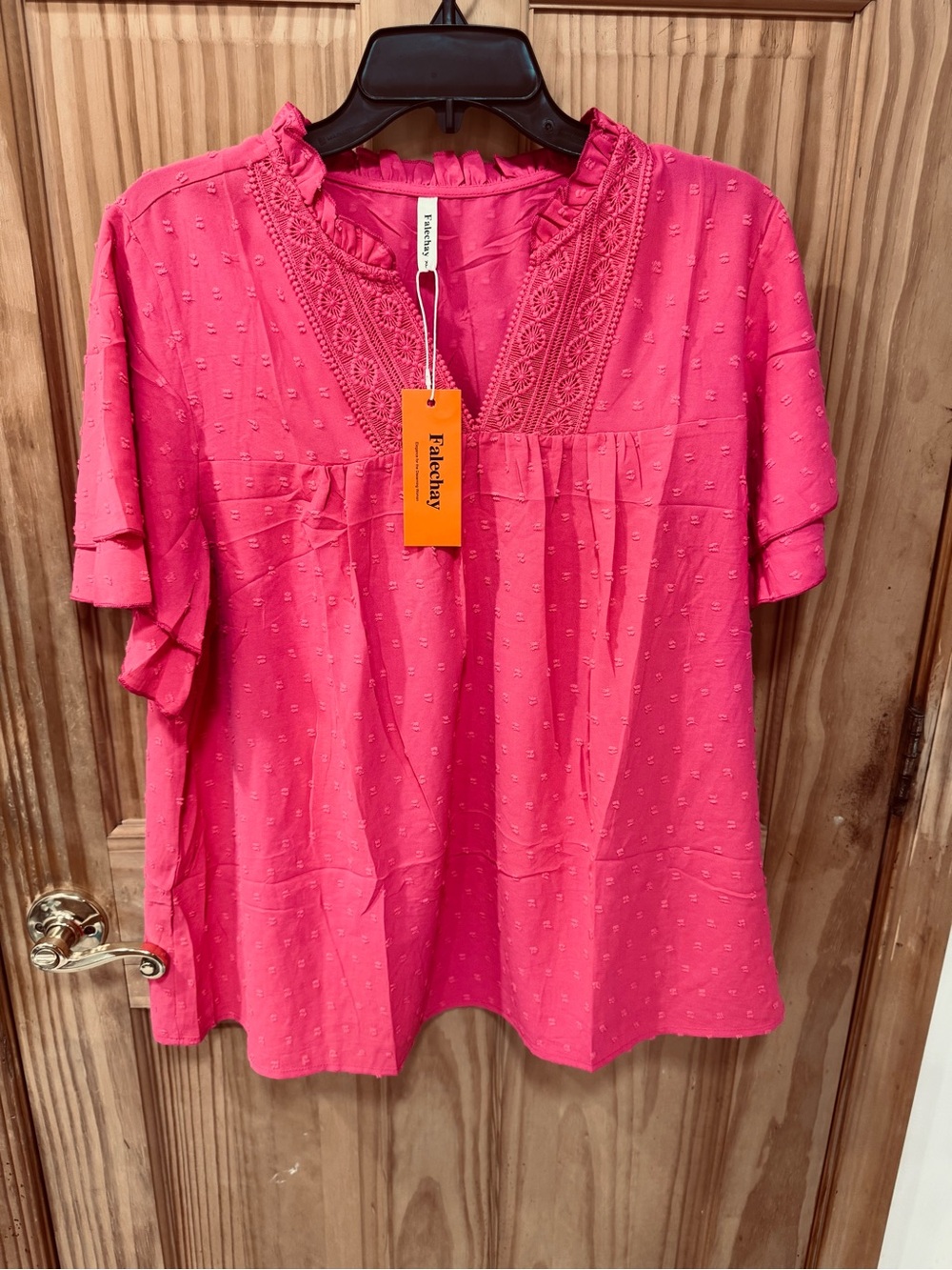 Halogen Hot Pink Embroidered V-Neck Short Sleeve Tunic